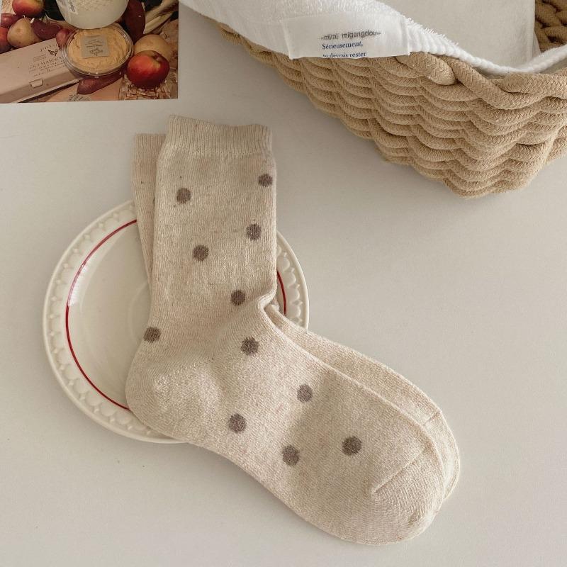 Autumn and Winter Polka Dot Wool Mid-calf Socks, Versatile Solid Color Simple Pile Socks, Fleece Thickened Socks for Women