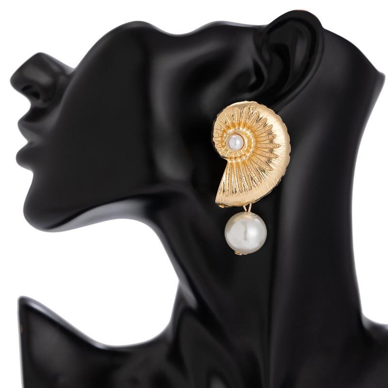 2Pcs Non-Tarnish Ocean Style Conch Earrings Simulated Pearl Geometry Shape for Women Anniversary Jewelry Gifts