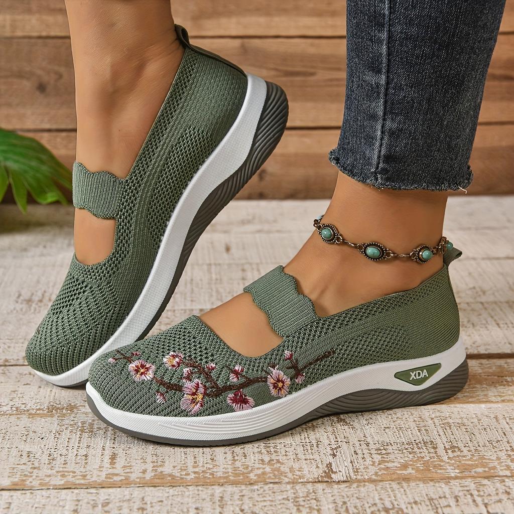 Women's Casual Slip-On Sneakers, Black, Green,   Grey and Maroon; Lightweight Low Top Sneakers with Cute Round Toe & Floral Design for All Seasons