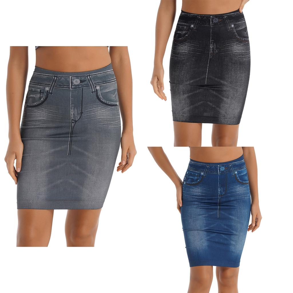 Cheap Women Seamless Skirt Faux Denim Skirts Short Slim High Waist