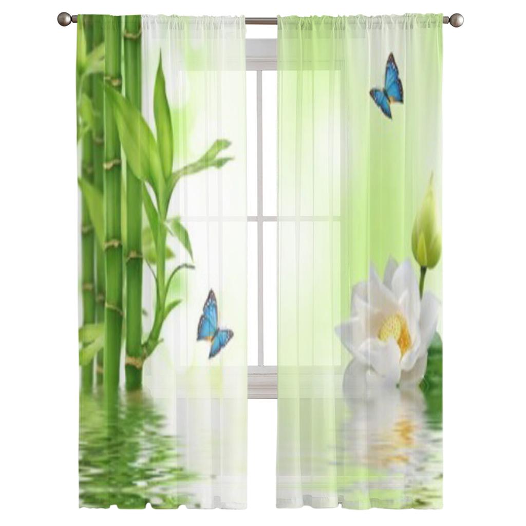 Tropical Blue Butterfly Bamboo Lily Reflection Water Sheer Curtains Living Room Tulle Window Curtain Bedroom Kitchen Drapes