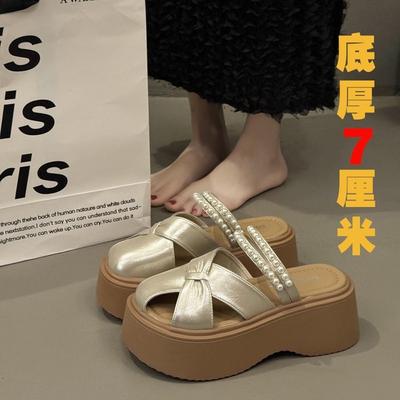 Baotou Half Slippers Women's 2025 Summer New Pearl Two Wear Thick Bottom Design Sense Hollow One Pedal Lazy Half Drag