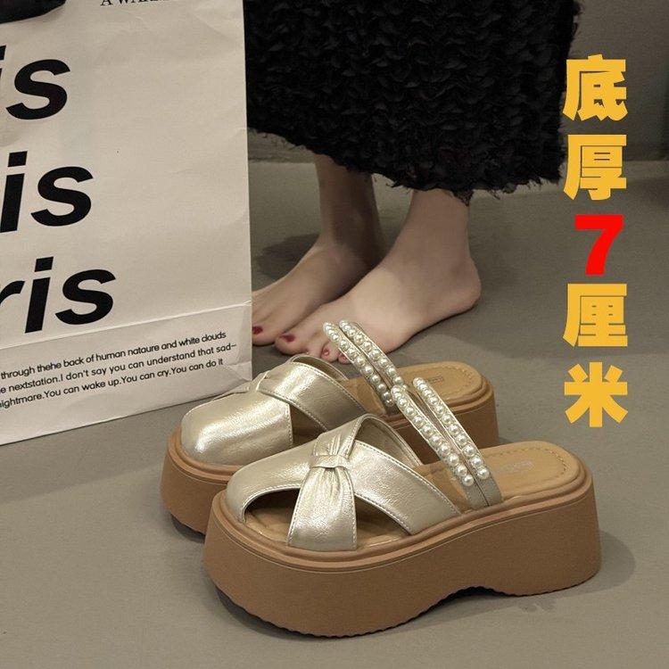 Baotou Half Slippers Women's 2025 Summer New Pearl Two Wear Thick Bottom Design Sense Hollow One Pedal Lazy Half Drag