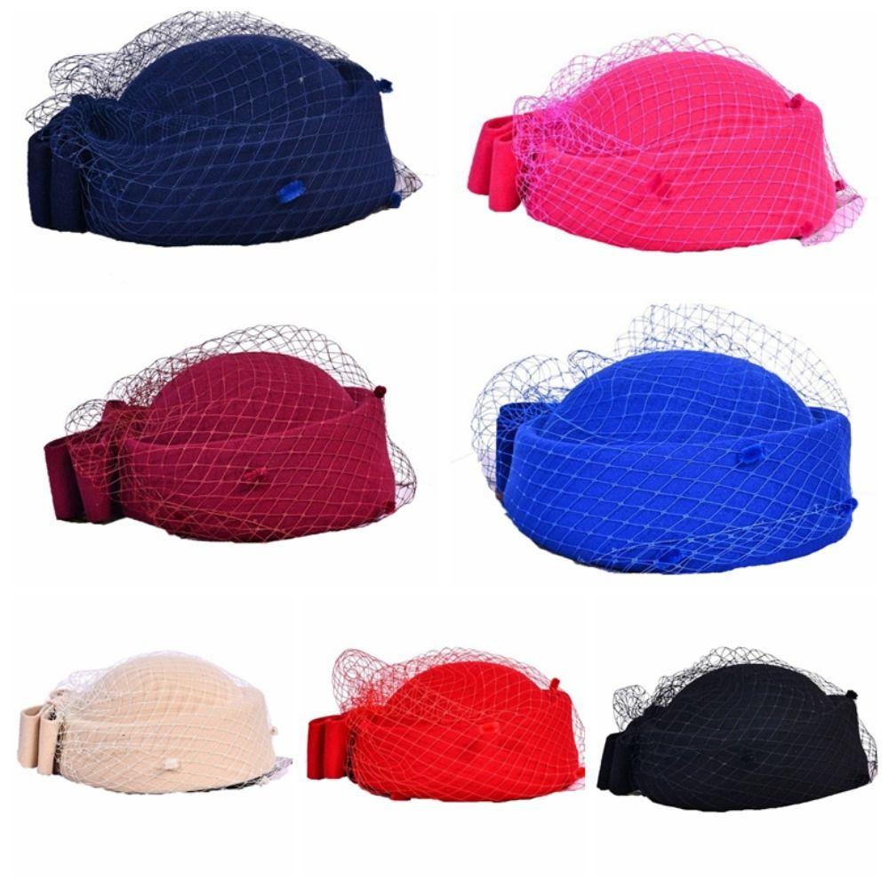 Mesh Pillbox Hat British Style Topper Hat Elegant Wool Bow Hat with Veil  Autumn Winter
