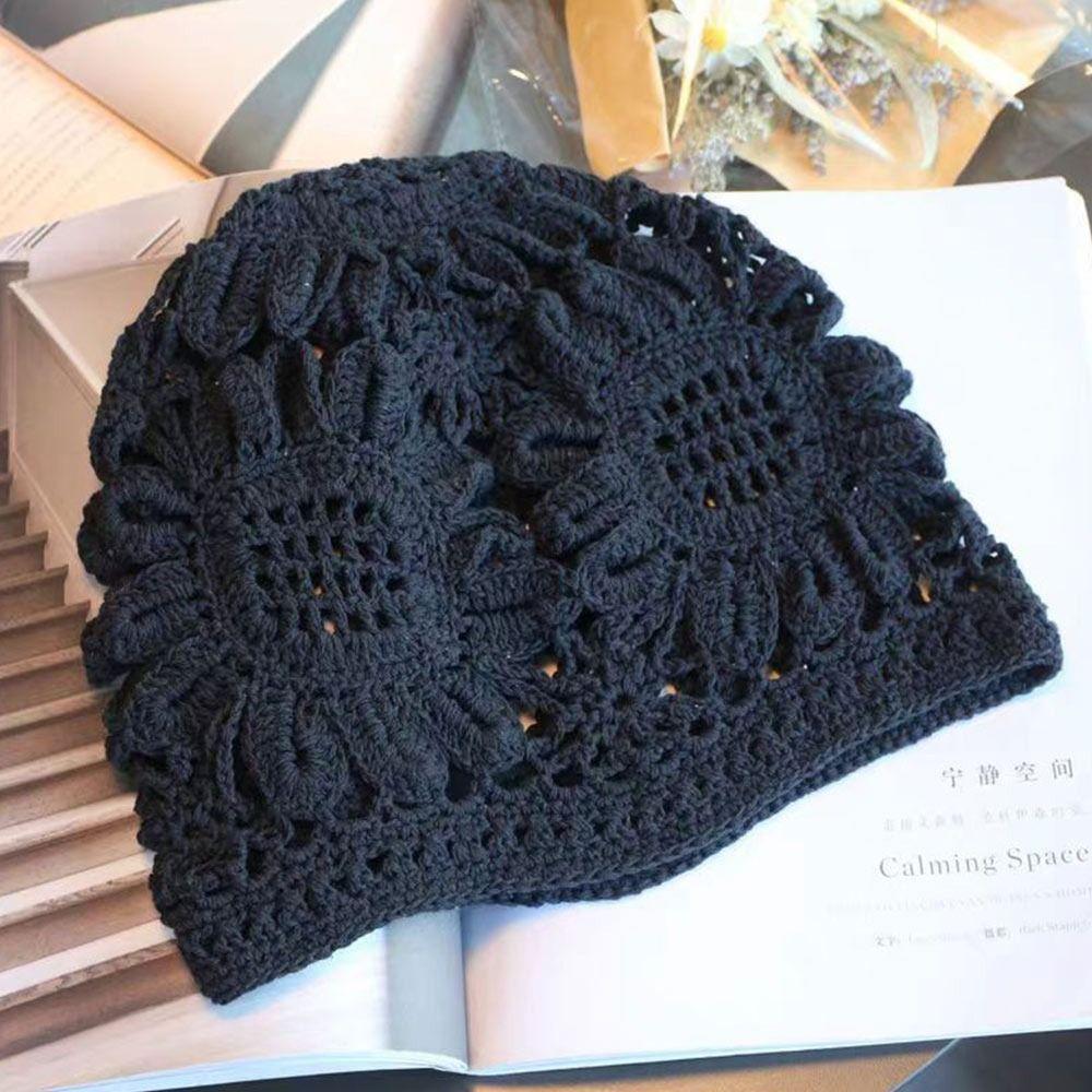 Blomster Baret Lue Blonder Skullies Lue Pustende Strikkelue for Kvinner