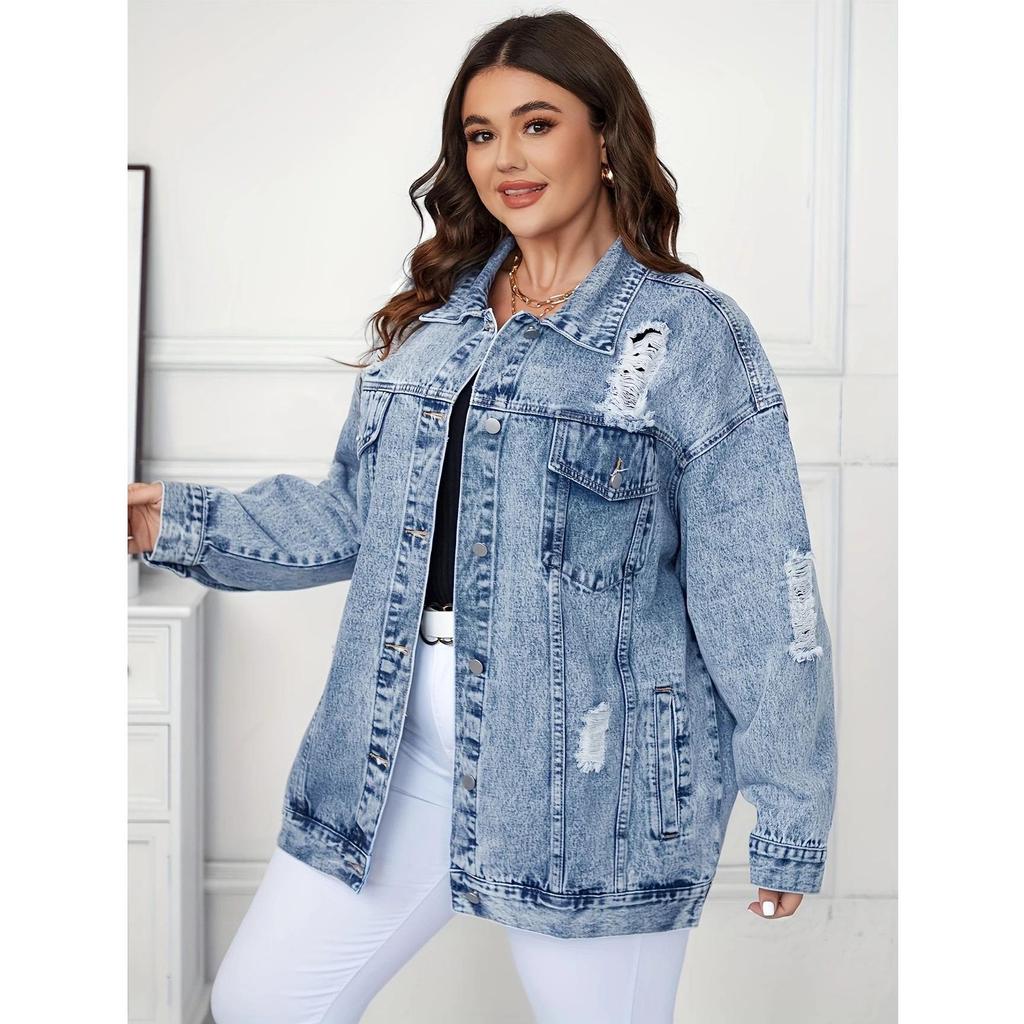 Women's Retro Worn-out Denim Jacket - European Street Style, Loose Fit for Spring and Autumn