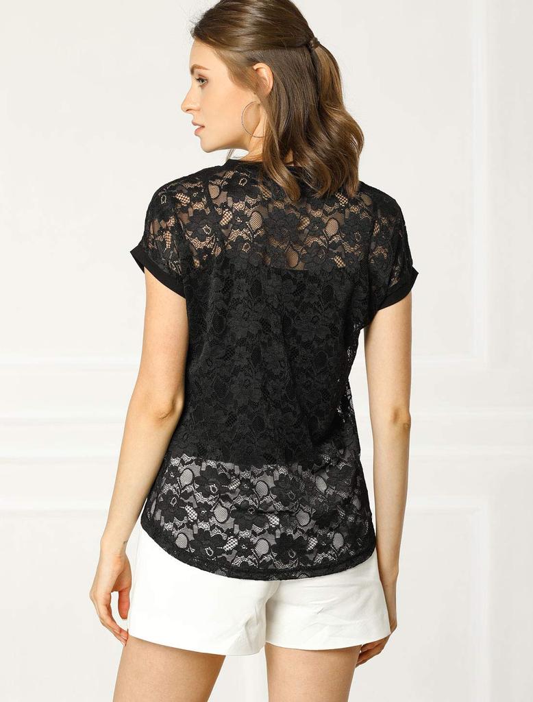 Allegra K Lace Short Floral Round Size L Women's Top, See-Through Blouse, Sleeve, Print, Neck, Thin, Black,