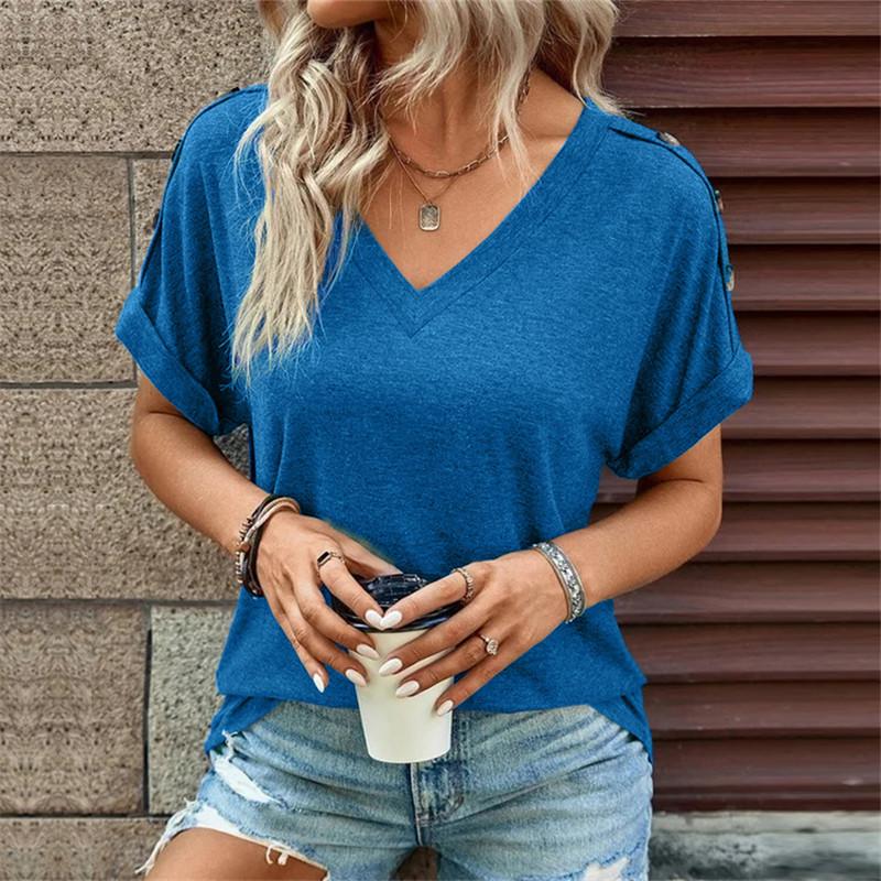 Summer Cotton Tops Women Blouses Casual V-Neck Solid Button Street Hipster Short Sleeve Shirts Clothes