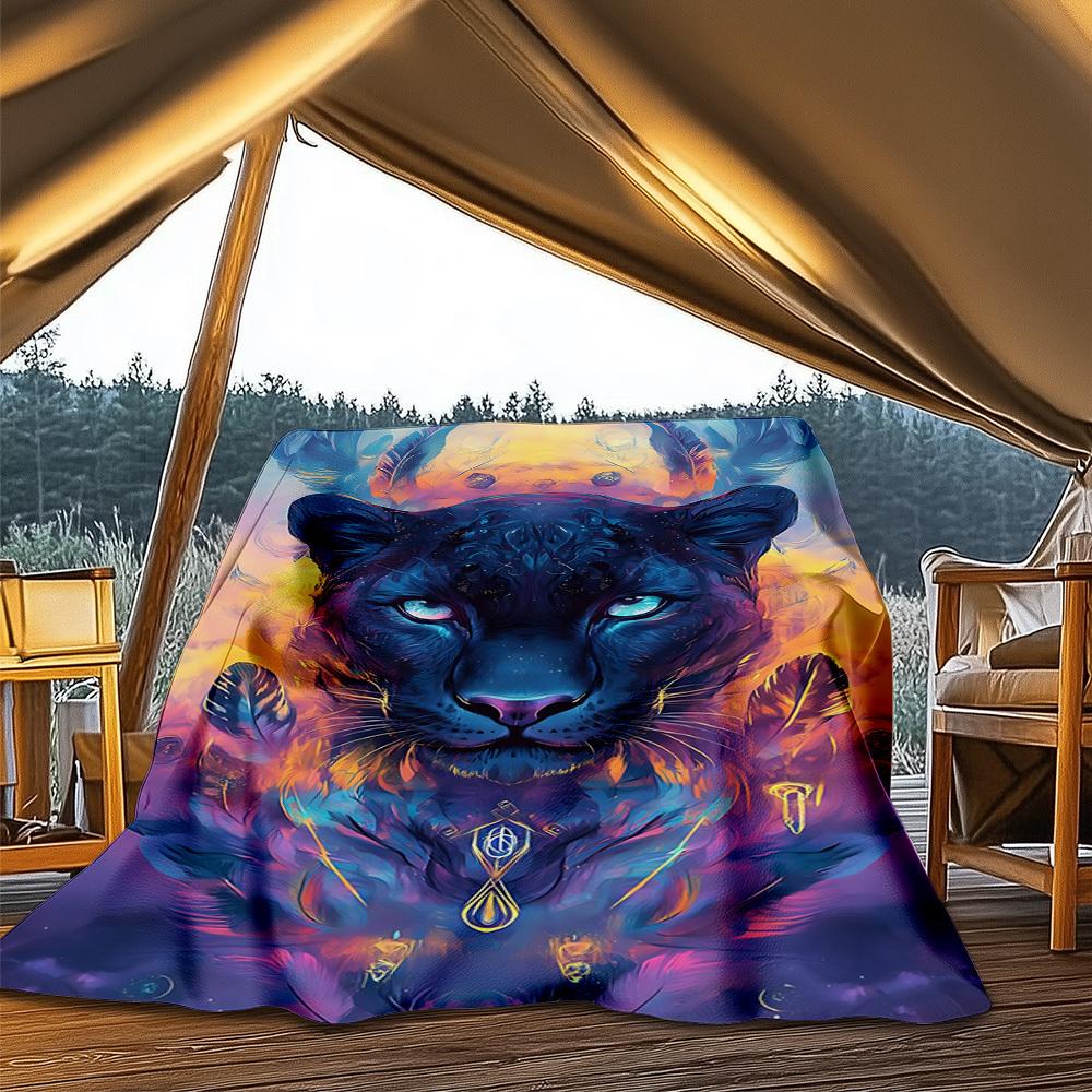 1pc Panther Art Print Throw Blanket Polyester Fiber, Lightweight Flannel, Soft & Warm, All Season Use for Outdoor, Camping Digital Print