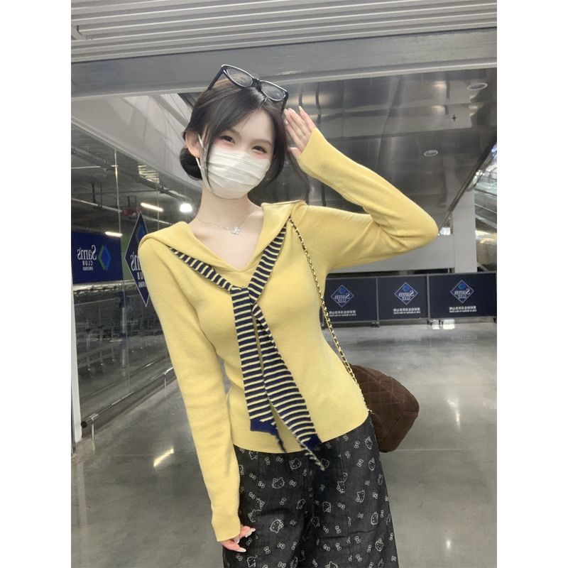 Kumikumi Sweet Style Contrast Color Striped Fake Two Pieces Long Sleeves Knitwear Female Autumn Slimming Easiest for Match Chic Tops