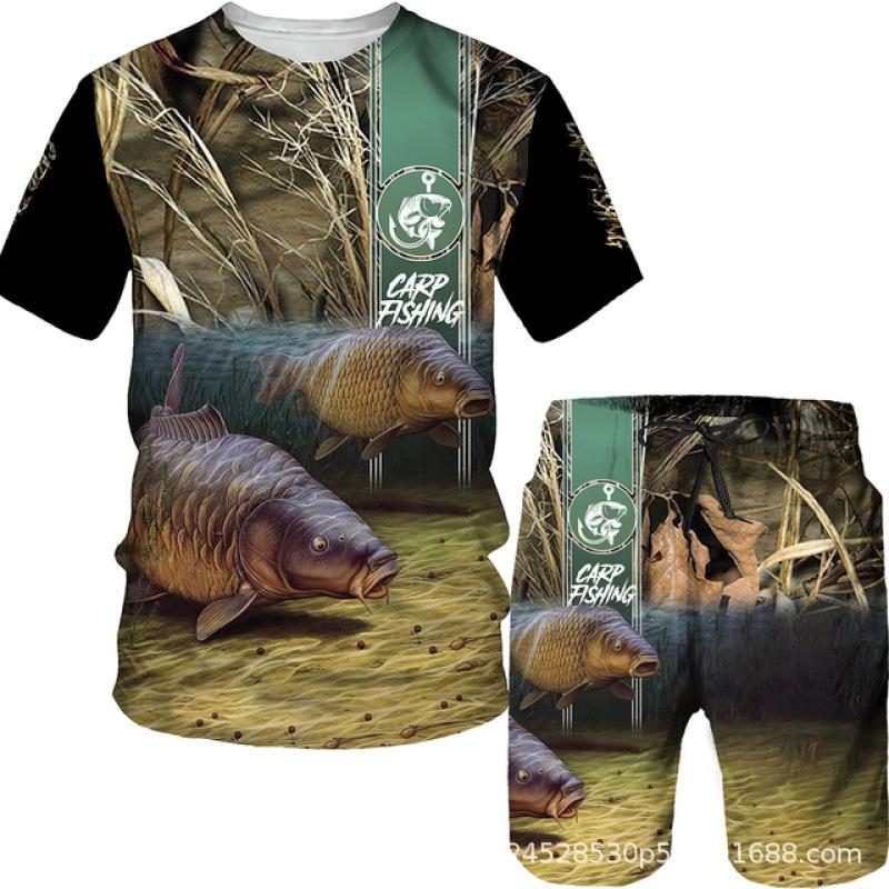 New Men's Short Sleeve Shorts Set Fashion 3D Digital Fish Printing Men's Beach Casual Set