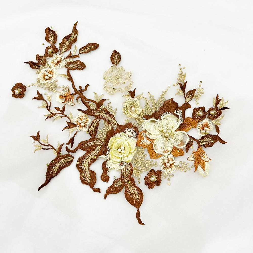 Colorful Sequined Sewing On Patches Flower Lace Beaded Lace Applique  Bridal Dress