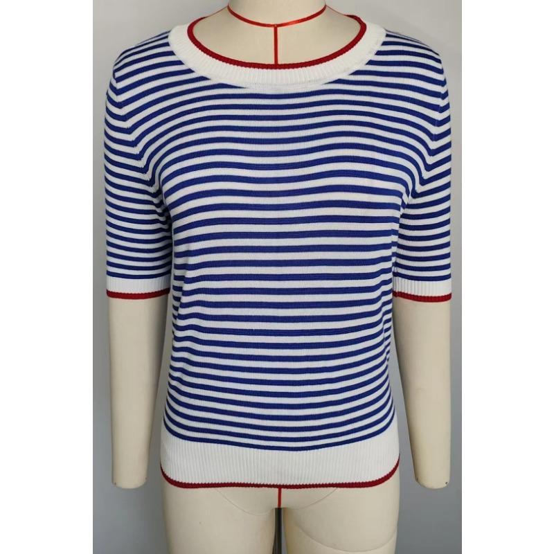 Zomer Dames Gestreept Gebreid Kortmouwig T-shirt IJszijde Kleurcontrast College Stijl Top