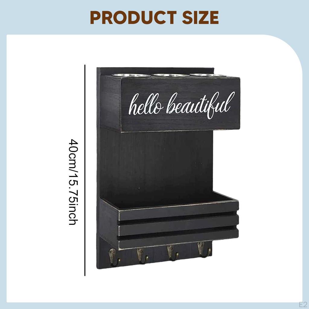 Holder Wall Organizer Storage Shelf Hair Accessories Wooden Tray Three Stainless Steel Cups And