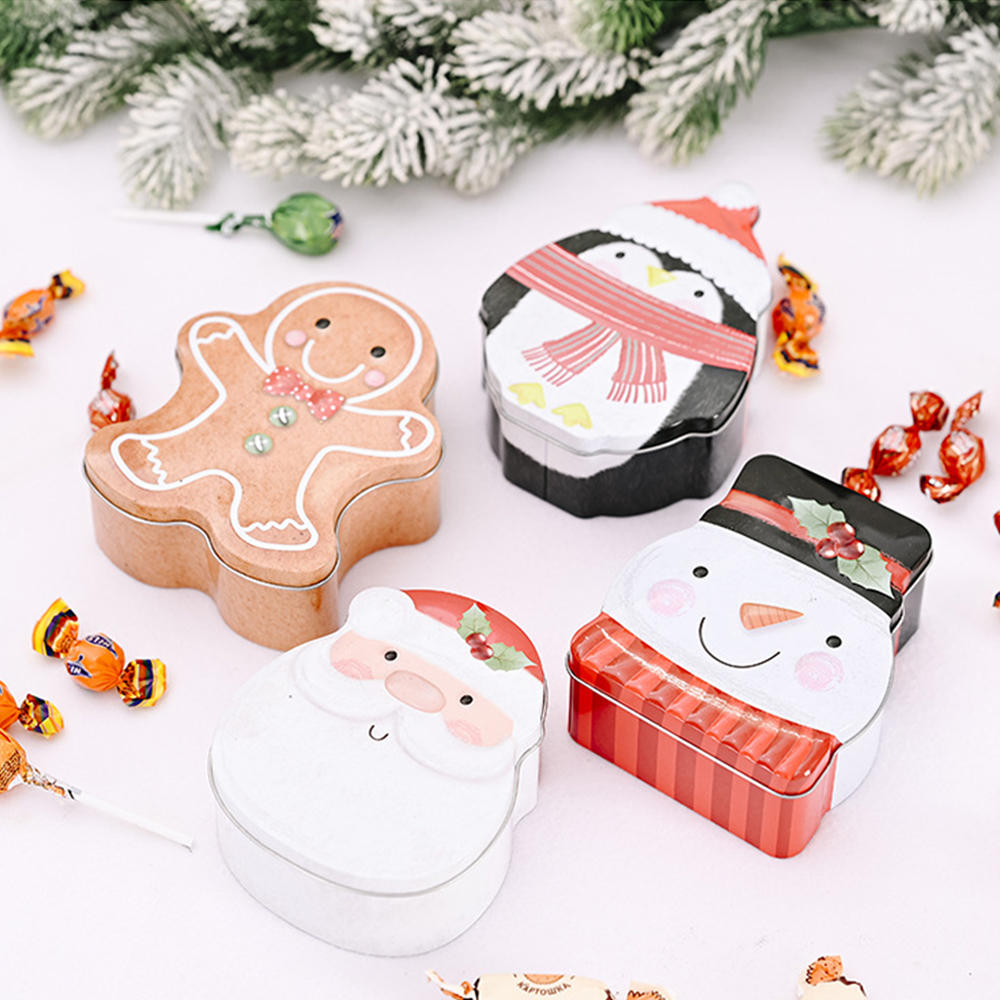 Cutie de tablă în formă de brad de Crăciun Biscuiți de Crăciun Moș Crăciun Biscuiți pentru depozitare bomboane Cutie metalică Om de zăpadă imprimat Organizator borcan sigilat