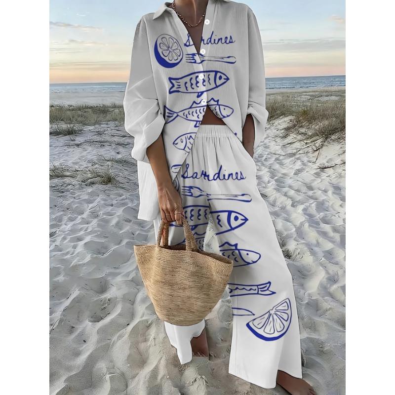 Ocean style hand-painted sardine lemon print shirt wide-leg pants two-piece set for women ocean vacation long-sleeved trousers suit