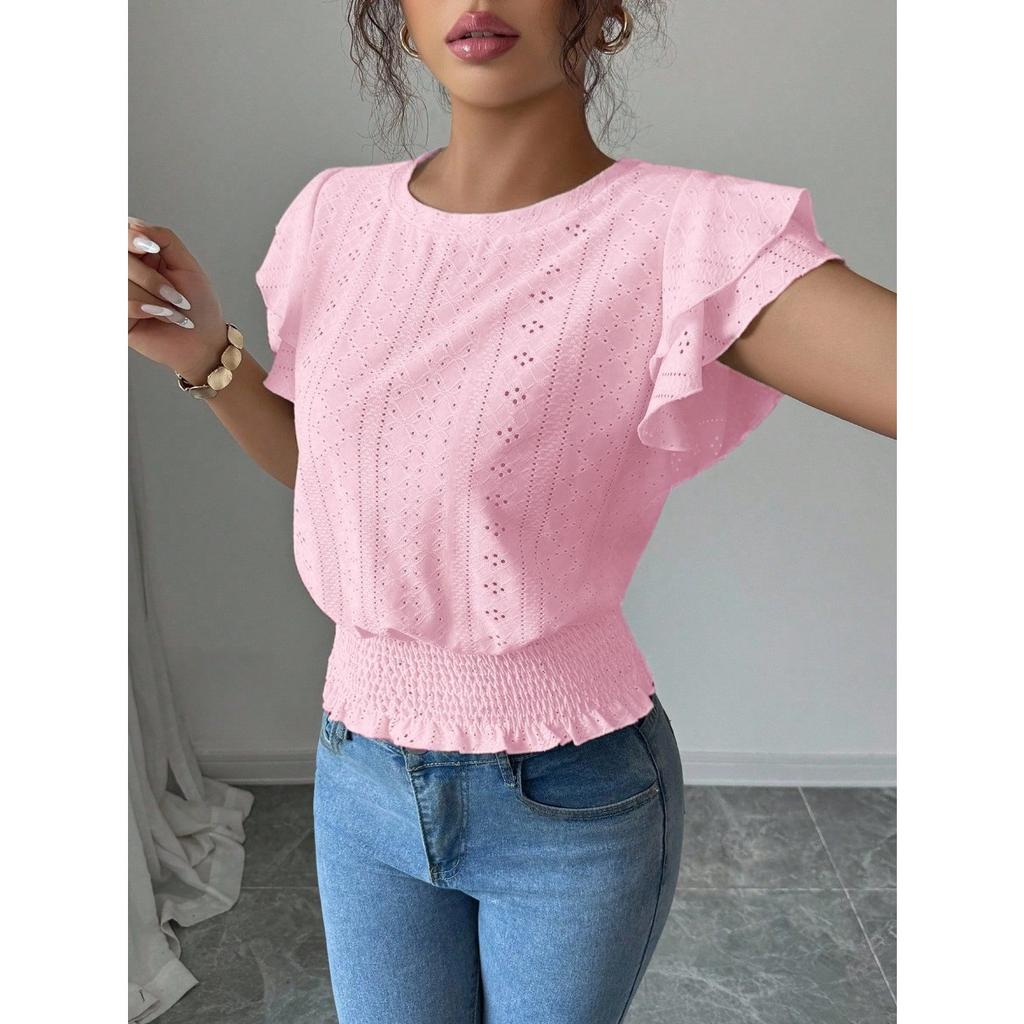 Damen Unifarben Lässig Ausgeschnitten Spitze Ärmel Rundhals Kurzarm T-Shirt, Europäischer Amerikanischer Stil Frühling Sommer Oberteil