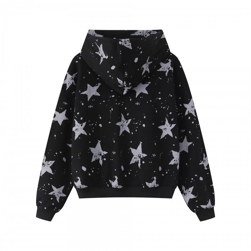 2026 Womens Vintage Star Print Zip Up Hoodie Loose Casual Sweatshirt Streetwear