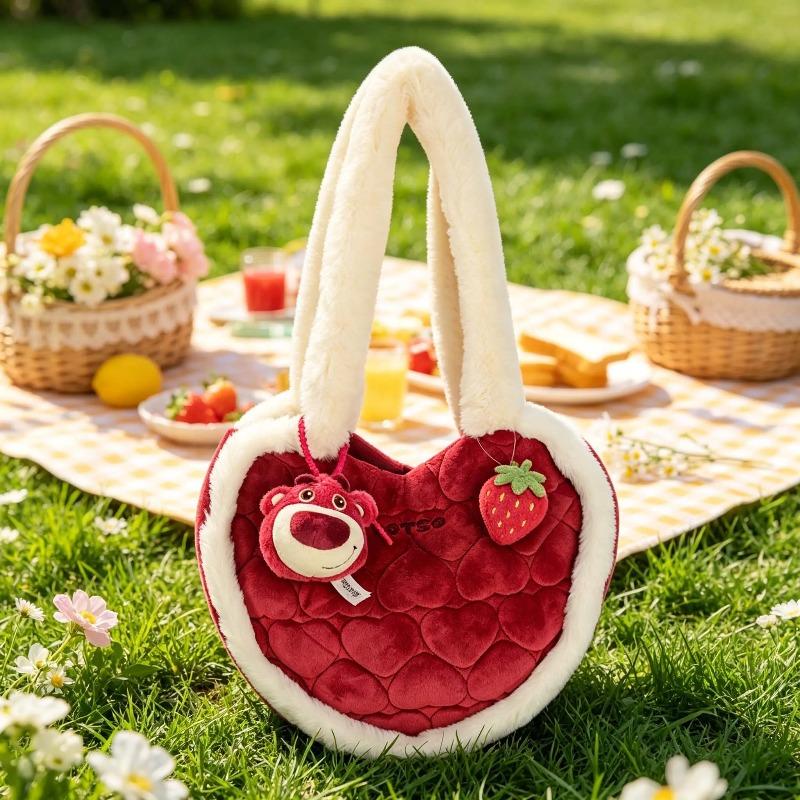 Disney Toy Story Strawberry Bear Heart Shape Plush Shoulder Bag Soft and Fluffy Fashion Daily Casual Handbag
