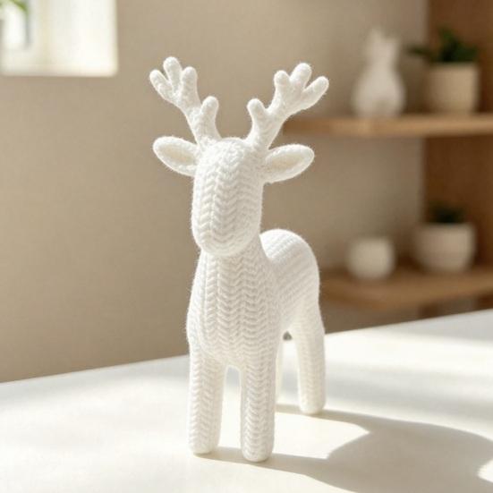 Minimalist Christmas Home Decor 3D Antler Deer Ornament for Decor, White Knitted Modern Winter Wonderland Texture Tabletop Figurine Holiday