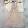 European and American Summer New Square Neck Striped Suspender Dress, Waist Thin Holiday Style Medium Dress