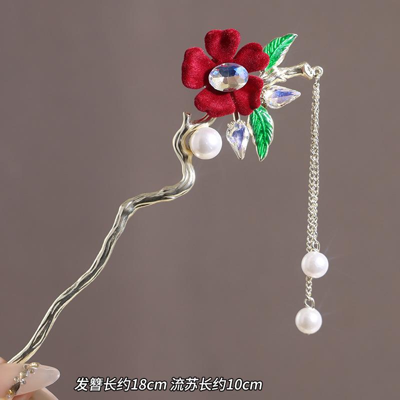 Vintage Chinese Style Rose Hairpin For Women Red Flower Element Tassel Hair Stick Elegant Exquisite Handmade Hair Accessories