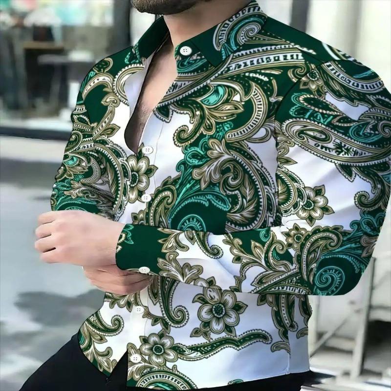 Men's Fashion Flame 3D Print Long Sleeve Shirts Turn Down Collar Button Up Party Streetwear Camisa Masculina Casual Blouse