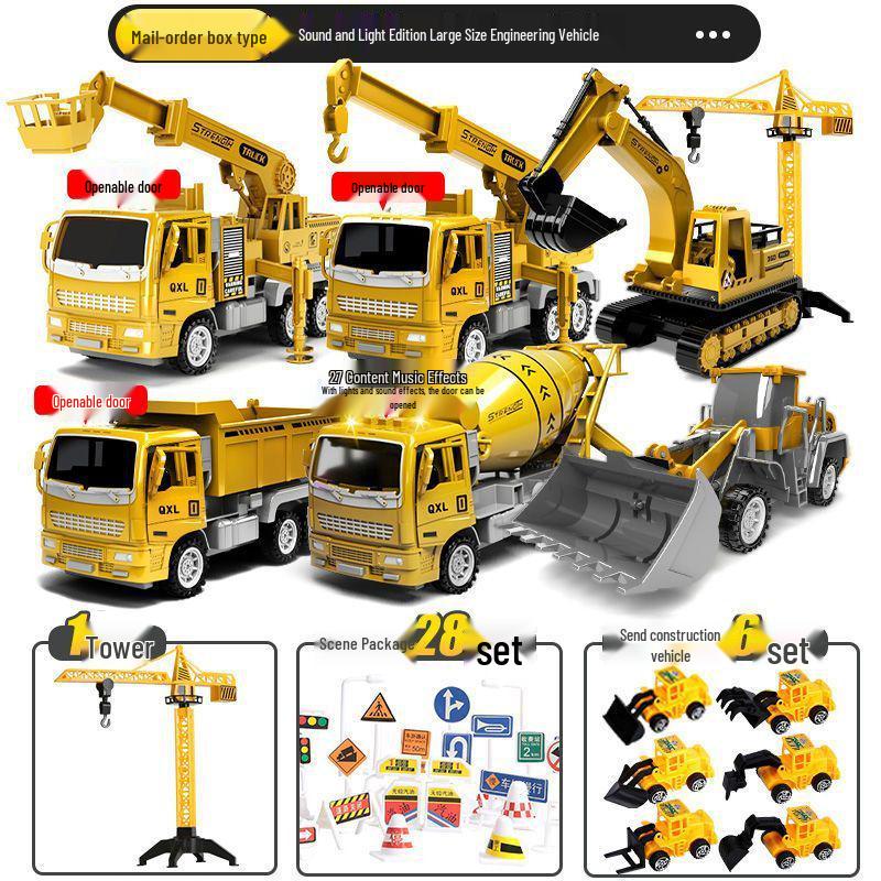 Construction Vehicle Toy Set: Digger, Excavator, Cement Mixer, Crane