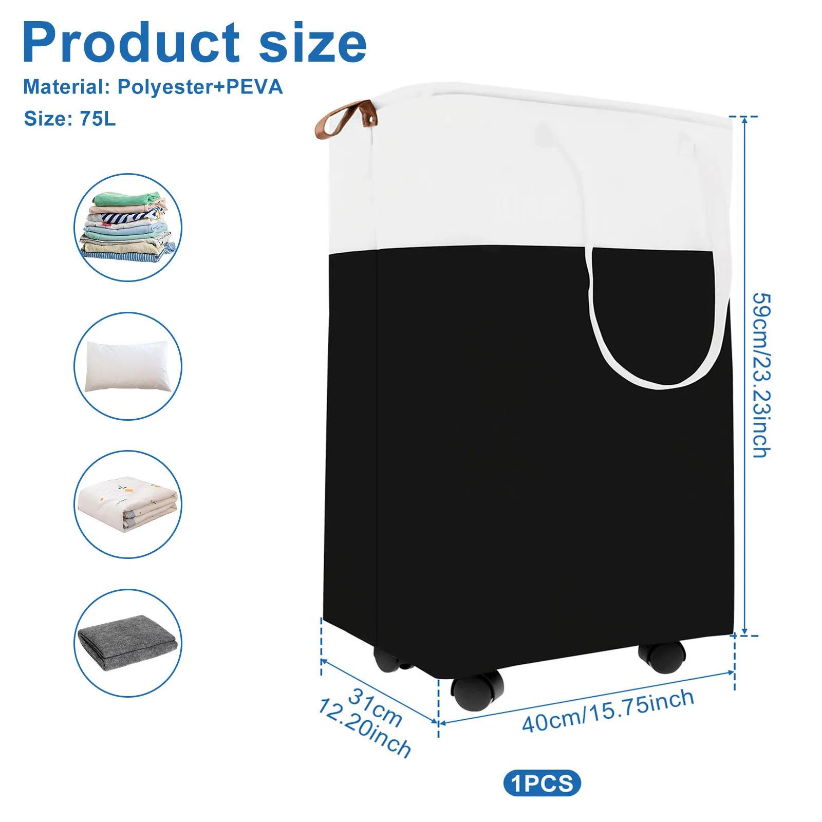 

Корзина для белья на колесиках Складная корзина для белья Большой вместимости Портативная корзина для белья на колесиках для дома, общежития, прачечной Black