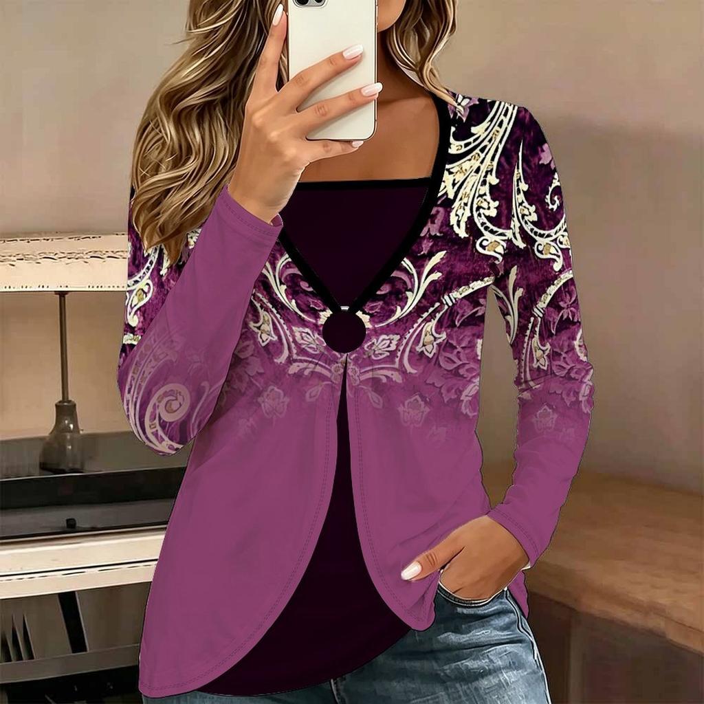 Tops for Women Floral Print Long Sleeve Fake Two‑Piece Top Fall Casual Slim Pullover Women's Long Sleeve Top