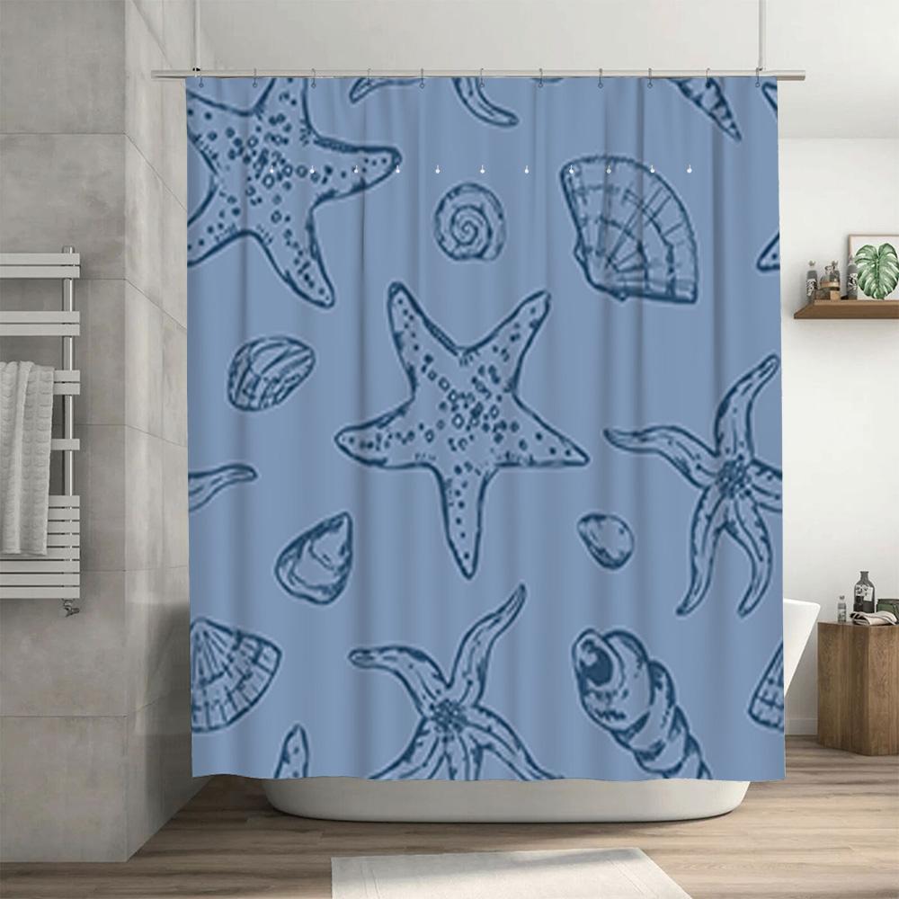 Seashell Bath Curtain Blue Printed Shower Curtain For Home Decor Waterproof Fabric Bathroom Window Decorations