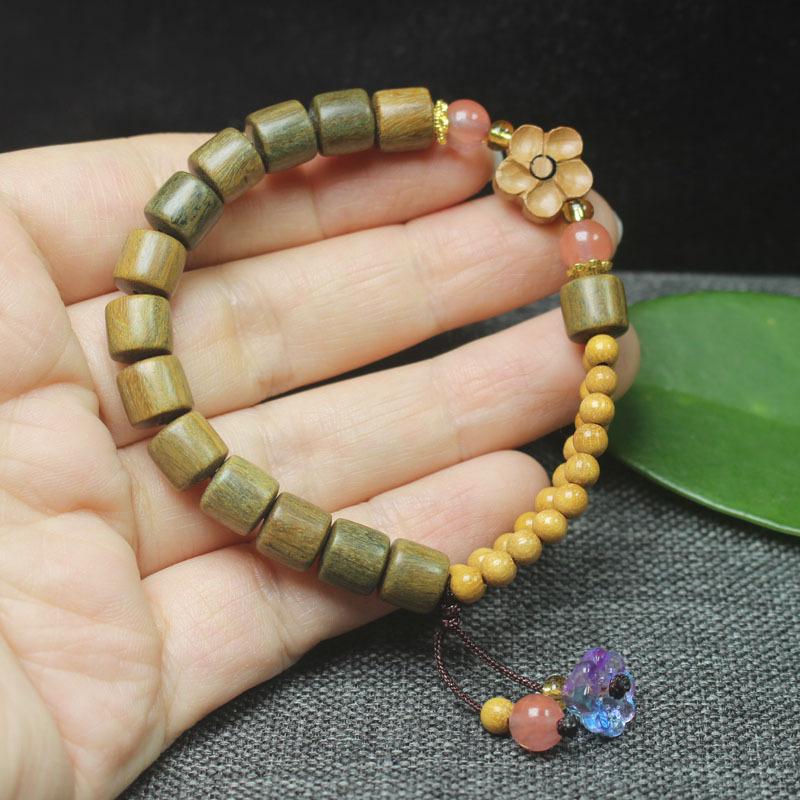 Fragrant Green Sandalwood Barrel Beads Bracelet Golden Wood Chinese Style Women Wooden Jewelry