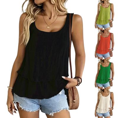 Women’s Sleeveless Double Layer Gauze Tank Top Round Neck Lightweight Semi Sheer Casual Summer Blouse for Daily Wear