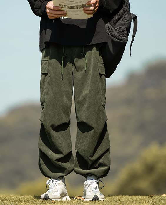 Oversized Cargo Corduroy Long Wide Leg Relaxed Gaucho Adjustable Elastic Popular Solid Army [foveitaa] Men's Pants, Pants, Pants, Style, Sweatpants,