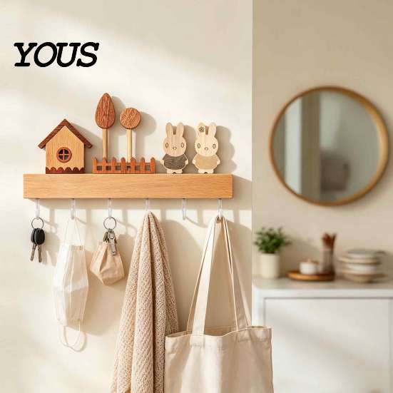 Modern Wood Wall Hanger Wooden Key Holder with 6 Hooks, Decorative Entryway Organizer Pet Leash for Rack, Easy Mount Installation Home Office