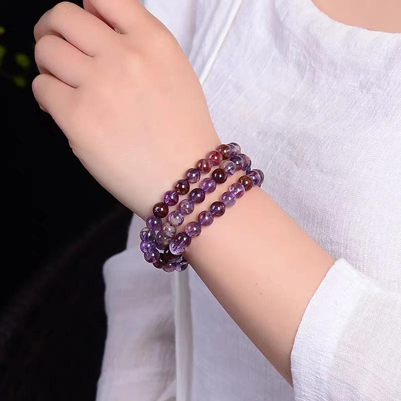 Natural Purple Auralite 23 Cacoxenite Round Beads 3 Laps Bracelet 6mm Women Men Phantom Necklace AAAAA