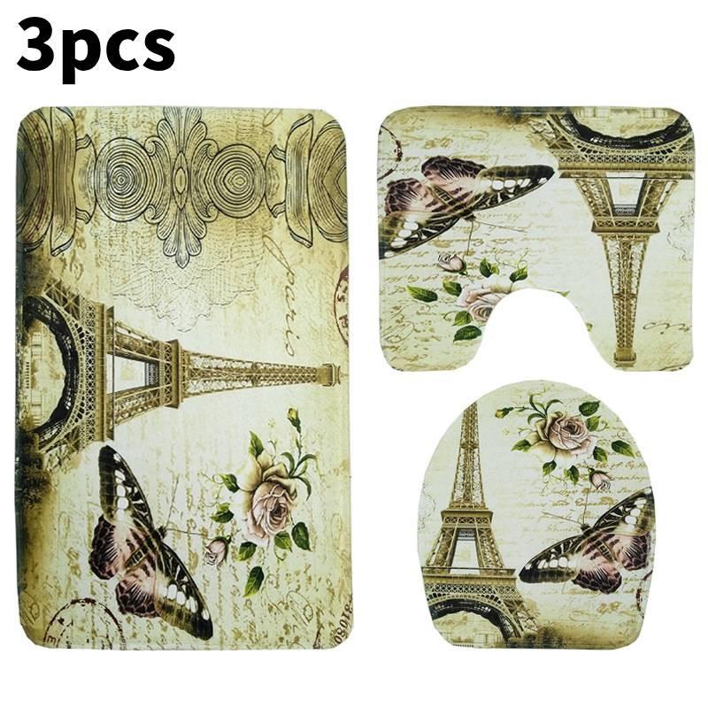 Butterfly Printed Tower Toilet Carpet Three Piece Set Anti Slip Mat Bathroom