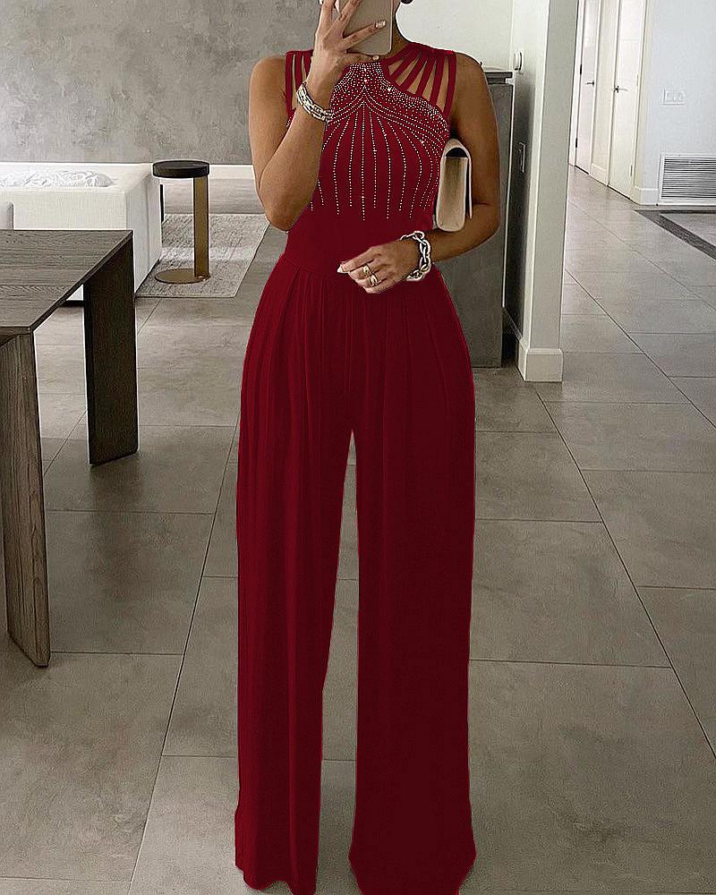 2023 Strass Weitbein-Jumpsuit: Europäischer & Amerikanischer Sommerstil, Taillenbetontes einfarbiges Kleid