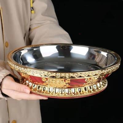 Buddismo Acciaio Inossidabile Resina Piatto di Frutta Auspicioso Scultura Tibetana Piatto di Offerta Vassoio Buddista Desktop Casa Regalo Decorativo