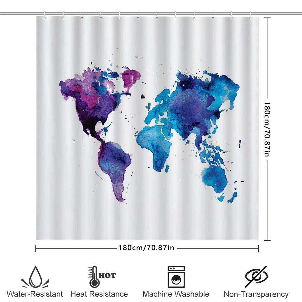 World Map Shower Curtain Abstract Blue Ocean Pattern Waterproof Bathroom Decor Vintage Travel Theme Washable Fabric