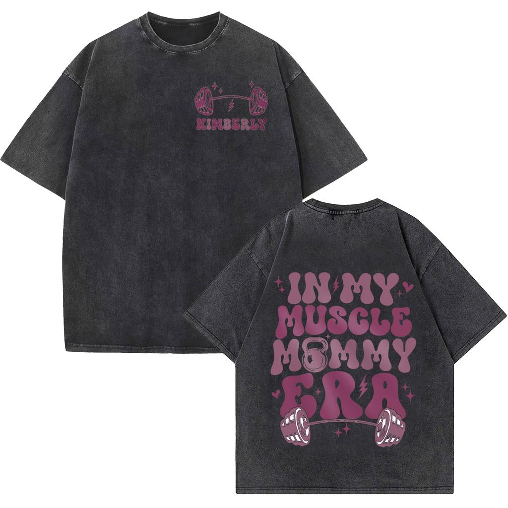 Divertenti Magliette da Palestra in Cotone Lavato Vintage 'Muscle Mommy' per Uomo Donna Moda Girocollo Manica Corta