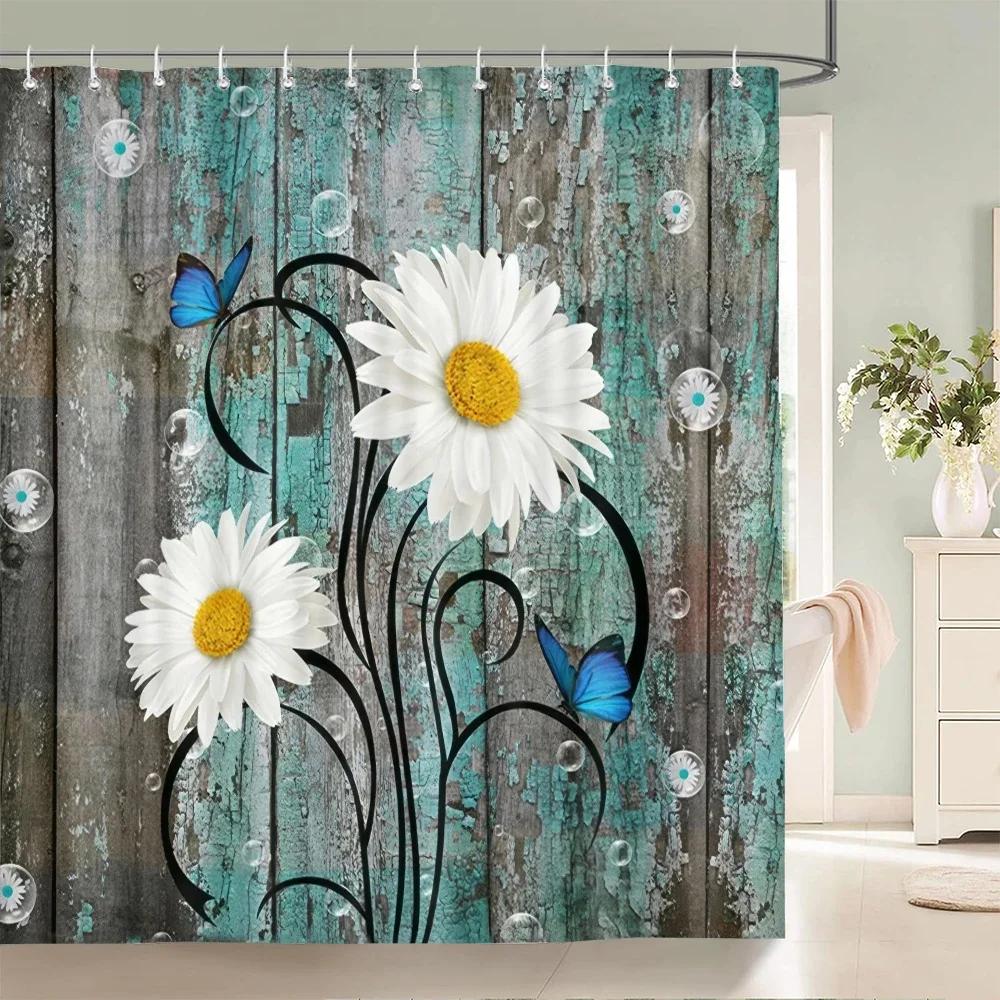 Blue Rose Plant with Floral Bathroom Decoration Shower Curtain with Hooks