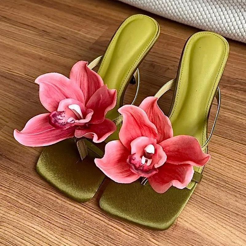 Fashion Romantic Vacation Orchid - Decor Mule Heels Women, Green Satin Toe - Post Shoes, Chic Beach Party Footwear