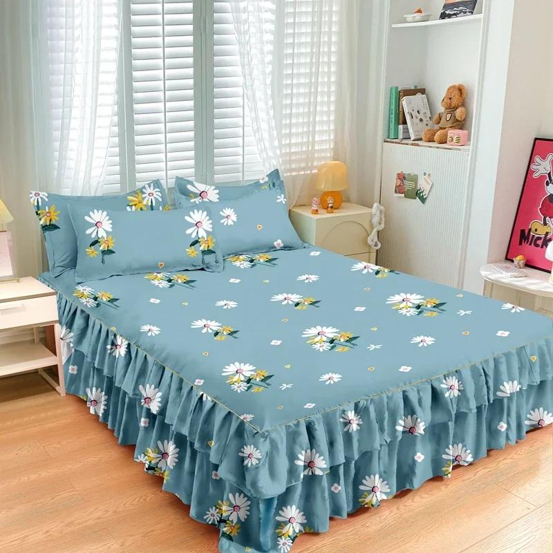 Nordic Floral Queen Bed Skirt Without Pillowcase Double Single Mattress Cover Anti-slip Full Size Adjustable Bedspread 360°Warp