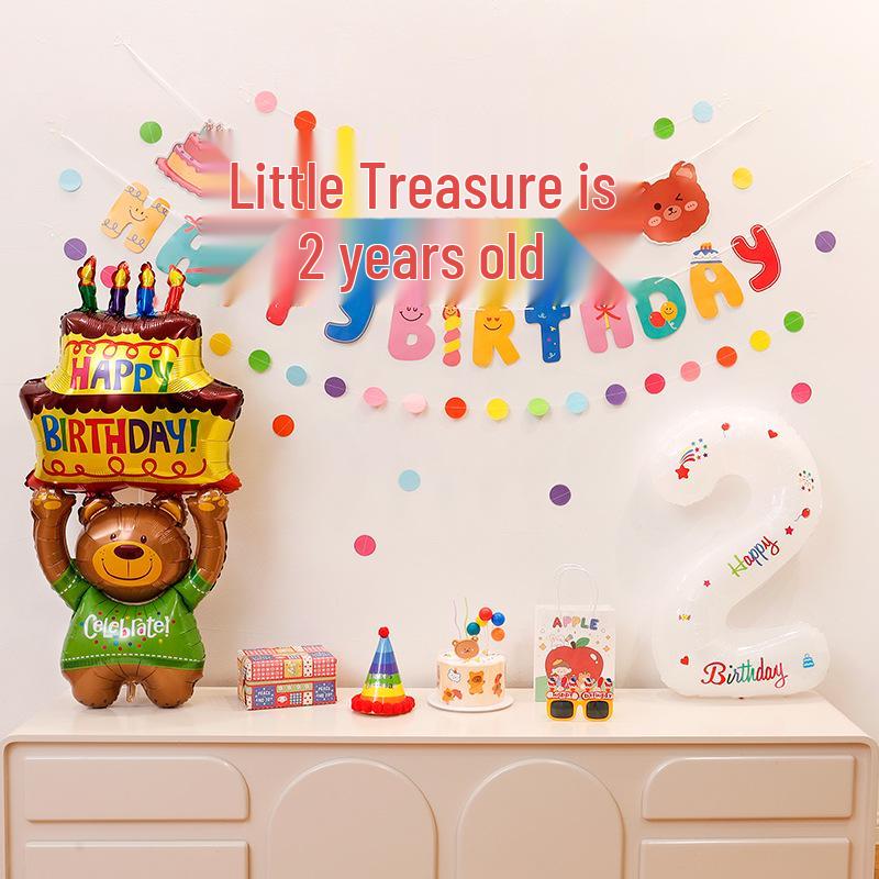 First Birthday Party Hanging Decoration: Happy Birthday Banner with Pom Poms and Bunting for Kids.