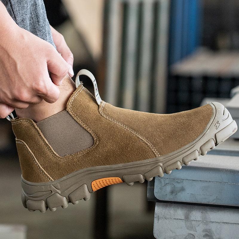men's casual steel toe caps work boots cow suede leather safety shoes outdoors worker chelsea botas security footwear protection