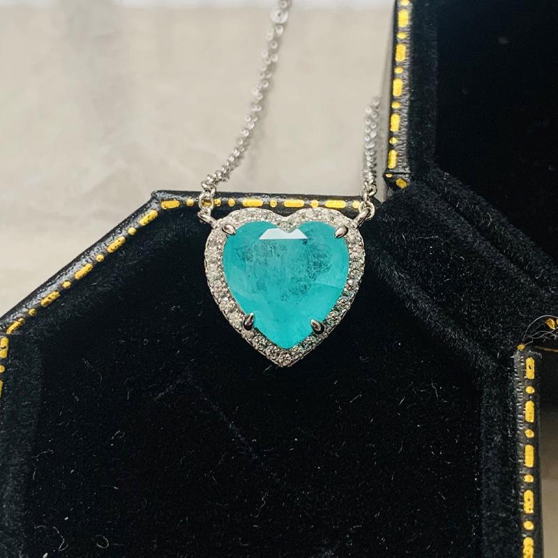 S925 Silver Heart Paraiba Necklace - Women's Layered Clavicle Chain Pendant