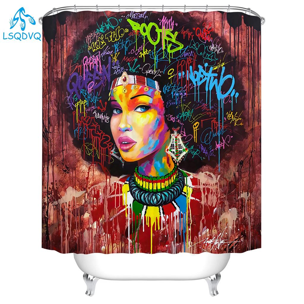 Art Design Graffiti Art Hip Hop African Girl Shower Curtains Bathroom Curtain Frabic Waterproof Polyester Bath Curtain with Hook