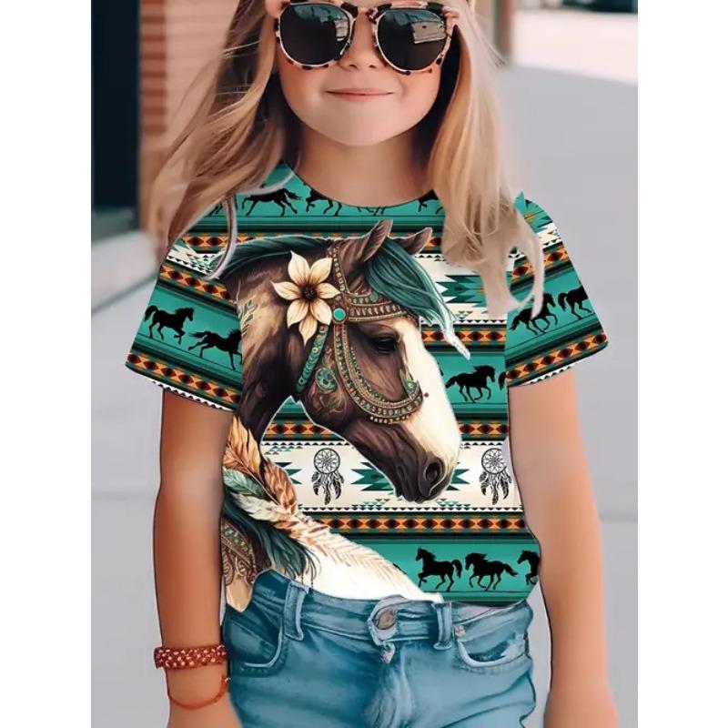 Summer Round Neck 3D Printed Top Fashionable Casual Short Sleeved Children's Girl T-shirts