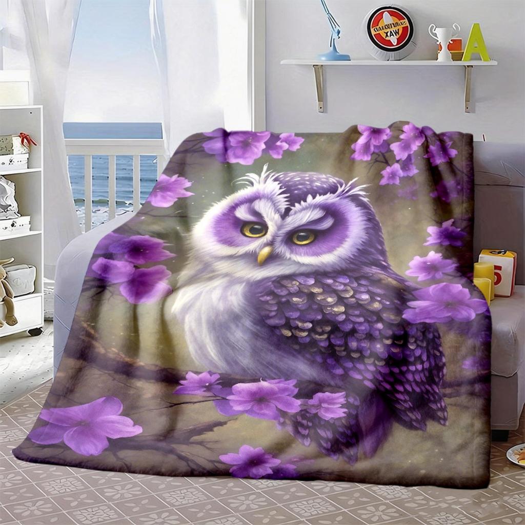 2026 New Arrivals 1pc Cozy Purple Owl & Vibrant Flower Print Flannel Throw Blanket - Soft, Warm, All-Season Home Decor for Bedroom, Living Room, Campi